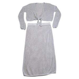 MOON & MADISON Open Knit Tie Front Cardigan & Skirt Set Sz Large Silver & Gray